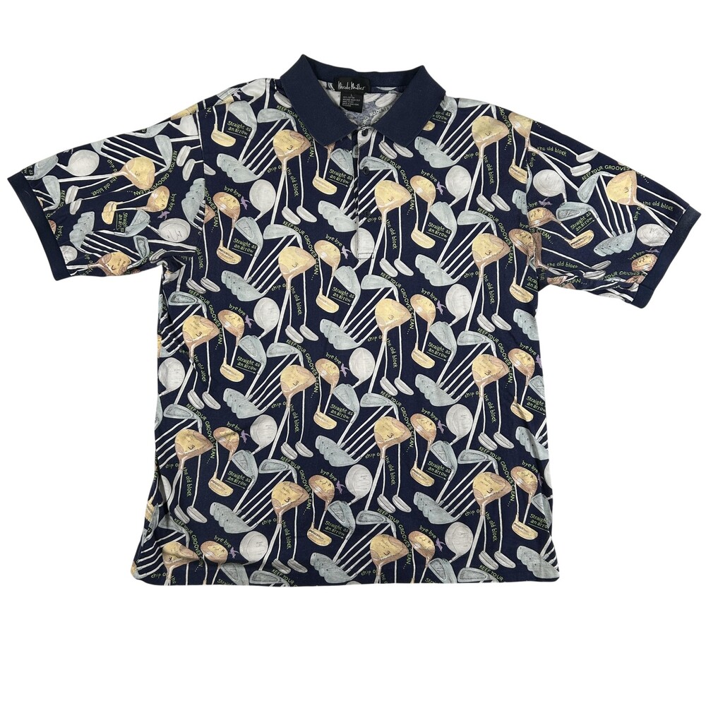 Vintage Nicole Miller Polo Shirt Mens Large Blue Golf Graphic Hong Kong 90s